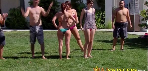  Sex games outdoors between a horny group of sexy swingers.